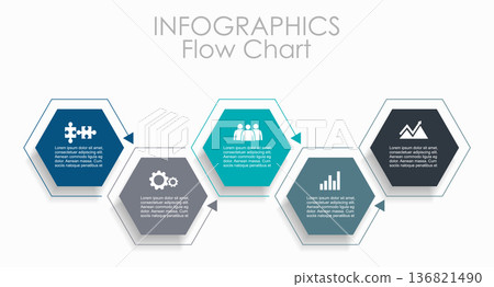 Modern infographic flow chart with colorful hexagons, arrows, and icons for business process visualization. Vector illustration. Modern infographic flow chart with colorful hexagons, arrows, and icons for business process visualization. Vector illustration. 136821490