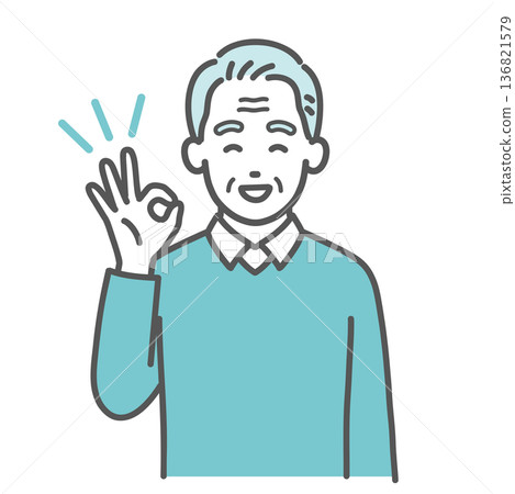Illustration of an elderly man smiling and giving an OK sign (approval, upper body) Illustration of an elderly man smiling and giving an OK sign (approval, upper body) 136821579