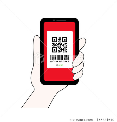 智慧型手機支付介面、操作螢幕的手以及二維碼的示意圖 136821650