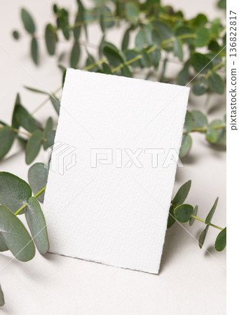 Mockup of blank card near green eucalyptus branches. Botanical wedding invitations and event design Mockup of blank card near green eucalyptus branches. Botanical wedding invitations and event design 136822817