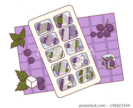 Black Currant Ice Cube Tray with Mint Leaves on Checkered Napkin Top View. Berry Fruit Ice Cubes for Cooling Drinks, Cocktail ingredients. Vector Illustration Black Currant Ice Cube Tray with Mint Leaves on Checkered Napkin Top View. Berry Fruit Ice Cubes for Cooling Drinks, Cocktail ingredients. Vector Illustration 136823394