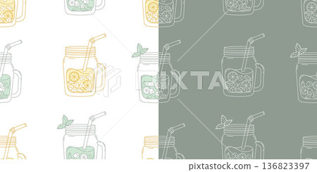 Seamless Pattern with Outline Mason Jar Lemonade, Fresh Mint Leaves, Citrus and Ice Cubes on White and Green Background. Isolated Minimalist line art Square template. Vector Illustration Seamless Pattern with Outline Mason Jar Lemonade, Fresh Mint Leaves, Citrus and Ice Cubes on White and Green Background. Isolated Minimalist line art Square template. Vector Illustration 136823397