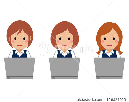 A young woman in navy office wear operating a computer A young woman in navy office wear operating a computer 136823923