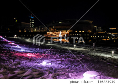 The night view of Fugan Canal Kansui Park in Toyama Prefecture becomes even more beautiful as snow accumulates The night view of Fugan Canal Kansui Park in Toyama Prefecture becomes even more beautiful as snow accumulates 136823939