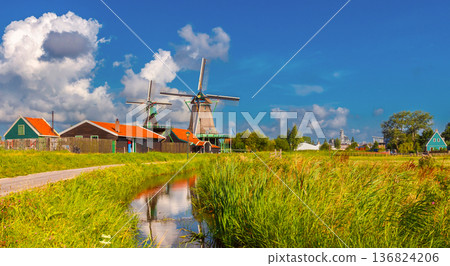 Traditional Wooden Windmill In Dutch Countryside Netherlands Traditional Wooden Windmill In Dutch Countryside Netherlands 136824206