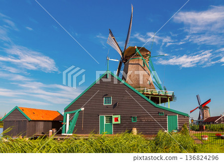 Traditional Wooden Windmill In Dutch Countryside Netherlands 136824296