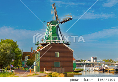 Traditional Wooden Windmill In Dutch Countryside Netherlands 136824305