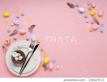 Easter spring holiday card. Playful bunny, painted eggs, spring flowers, decorative elements on light pink background Easter spring holiday card. Playful bunny, painted eggs, spring flowers, decorative elements on light pink background 136824313