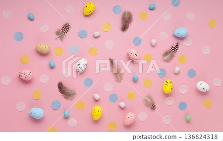 Easter spring holiday card. Playful bunny, painted eggs, spring flowers, decorative elements on light pink background Easter spring holiday card. Playful bunny, painted eggs, spring flowers, decorative elements on light pink background 136824318