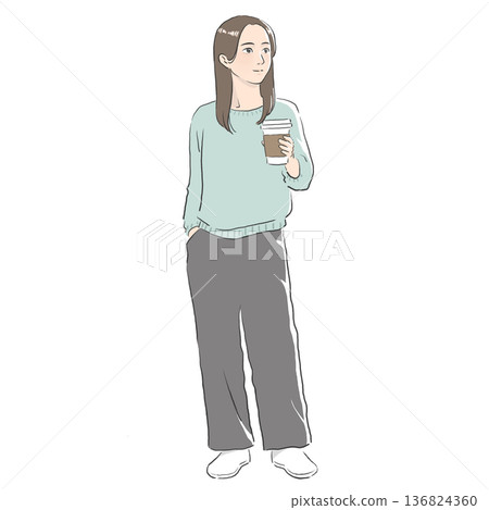 一位穿著休閒的女士手捧一杯咖啡的插圖 一位穿著休閒的女士手捧一杯咖啡的插圖 136824360