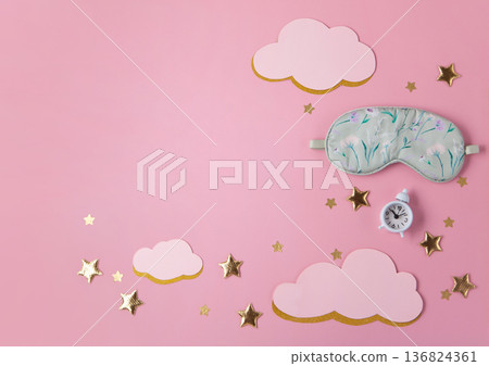 World Sleep Day concept. Bedtime accessories, sleeping mask,  white classic alarm clock on pastel pink background 136824361