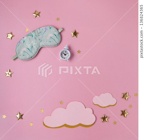 World Sleep Day concept. Bedtime accessories, sleeping mask, white classic alarm clock on pastel pink background World Sleep Day concept. Bedtime accessories, sleeping mask, white classic alarm clock on pastel pink background 136824365