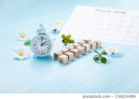 Daylight saving Time, Spring forward, Summer back concept. White Alarm Clock and Spring Daisy Flowers on Blue Background Daylight saving Time, Spring forward, Summer back concept. White Alarm Clock and Spring Daisy Flowers on Blue Background 136824486
