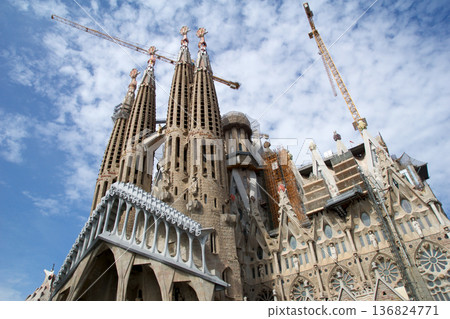 Barcelona, Spain, August 30, 2017: Sagrada Familia under construction with crane 136824771