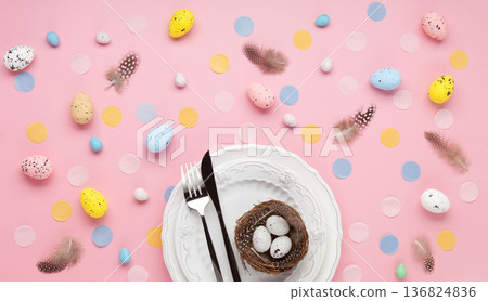 Easter spring  holiday card. Playful bunny, painted eggs, spring flowers, decorative elements on light pink background 136824836