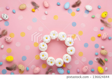 Easter spring  holiday card. Playful bunny, painted eggs, spring flowers, decorative elements on light pink background 136824844