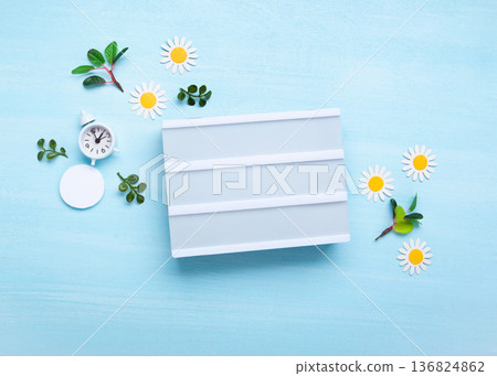 Daylight saving Time, Spring forward, Summer back concept. White Alarm Clock and Spring Daisy Flowers on Blue Background 136824862