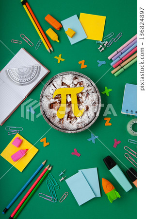 World Pi day. Baked apple pie with Pi Symbol and stationery, green background.   March 14th (3/14). Mathematical constant. 136824897