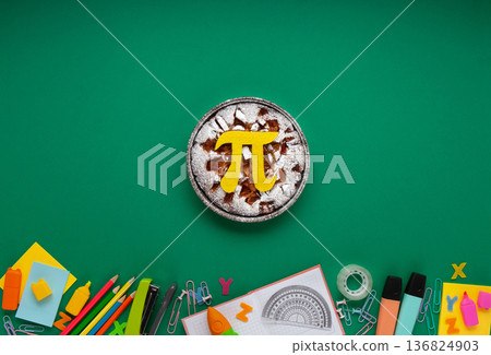 World Pi day. Baked apple pie with Pi Symbol and stationery, green background.   March 14th (3/14). Mathematical constant. 136824903