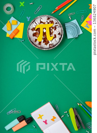 International World Pi day. Homemade apple pie with Pi Symbol and stationery, green background. March 14th 3,14. Mathematical constant. International World Pi day. Homemade apple pie with Pi Symbol and stationery, green background. March 14th 3,14. Mathematical constant. 136824907