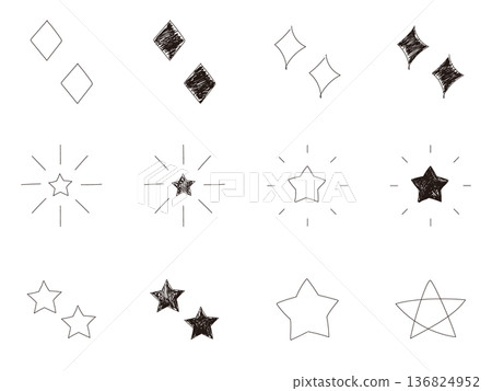 可愛的手繪星星，閃亮圖標，黑白設計，向量圖 136824952