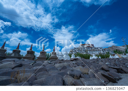 Prayers inscribed on a stone in front of Thiksey Monastery 136825047