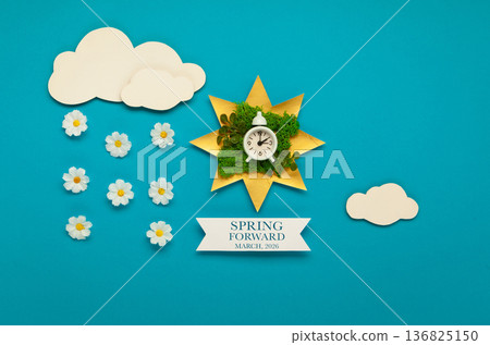 Daylight saving Time, Spring forward, Summer back concept. White Alarm Clock and Spring Daisy Flowers on Blue Background 136825150