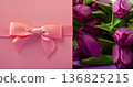 Holiday gift with pink ribbon bow, bouquet of purple tulips flower on purple background.  Happy Mother's Day spring design. 136825215