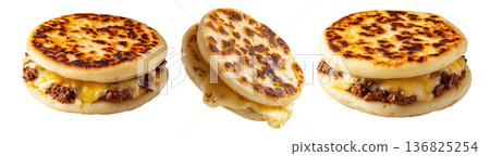 Grilled arepas plain sandwich filled with melted cheese and ground beef isolated on white background, concept of Latin street food Grilled arepas plain sandwich filled with melted cheese and ground beef isolated on white background, concept of Latin street food 136825254