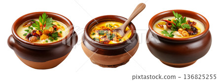 Cazuela chilean Stew pot served in rustic bowl with wooden spoon isolated on white background, South American Cuisine 136825255