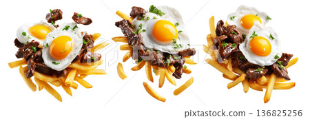 Chorillana beef fried with eggs garnished and herbs, street food isolated on white background. South American Cuisine 136825256