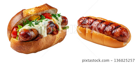 Argentina Choripn grilled chorizo sausage sandwich topped with green chimichurri sauce, isolated on white background. 136825257