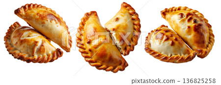 Argentina and Uruguay empanadas stacked in a pyramid, golden baked crust, meat and potato filling, isolated on white background 136825258