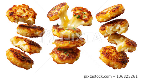 Ecuador lapingachos potato patties filled with melted cheddar cheese, isolated on white background, South American Cuisine Ecuador lapingachos potato patties filled with melted cheddar cheese, isolated on white background, South American Cuisine 136825261