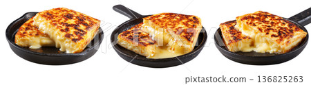 Argentina grilled Provoleta cheese pieces stacked, isolated on white transparent background. Concept of South American Cuisine Argentina grilled Provoleta cheese pieces stacked, isolated on white transparent background. Concept of South American Cuisine 136825263