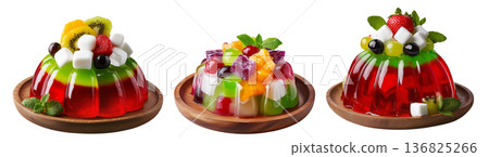Bright red jelly salad dessert topped with fresh berries, mint leaves, marshmallows and candy isolated on white background Bright red jelly salad dessert topped with fresh berries, mint leaves, marshmallows and candy isolated on white background 136825266