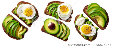 California avocado toast topped with ripe avocado slices, boiled egg, sesame seeds, herbs and sauce, isolated on white background California avocado toast topped with ripe avocado slices, boiled egg, sesame seeds, herbs and sauce, isolated on white background 136825267