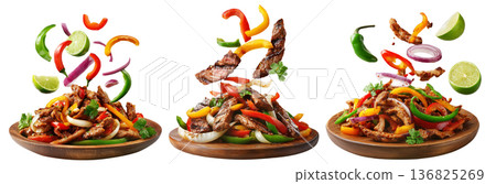 Tex-Mex Fajitas grilled beef strips with bell peppers and onion slices isolated on white background, concept of fresh grilled food 136825269