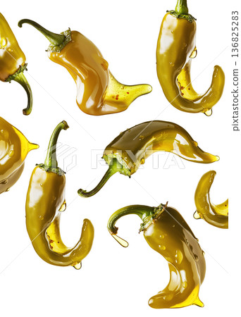 Shiny green chili peppers covered in oil, isolated on white background, emphasizing food freshness and culinary splash concept 136825283