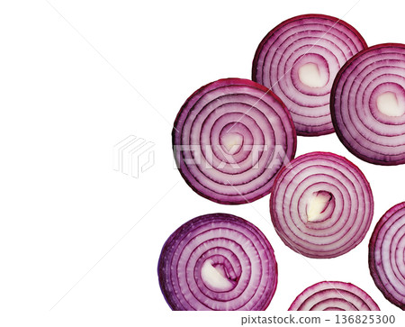 Halved red onions arranged in a seamless pattern, isolated on a white background, concept of fresh vegetable texture Halved red onions arranged in a seamless pattern, isolated on a white background, concept of fresh vegetable texture 136825300