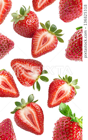 Juicy whole and halved strawberries with green leaves scattered and isolated on white background, freshness and healthy eating Juicy whole and halved strawberries with green leaves scattered and isolated on white background, freshness and healthy eating 136825318