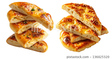Set of Manakish freshly baked round Turkish flatbread with za'atar, cheese or minced meat isolated on white background 136825320
