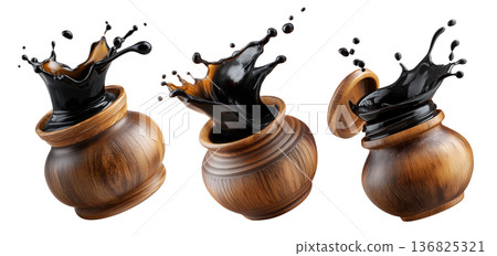 Set of Egyp Molasses black syrup jar splashing from a polished jar, isolated on white background, concept of Arabic Cuisine 136825321