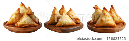 Set of Briouat triangular fruit filled pastries, phyllo pastries filled with meat or almonds on white, Arabic sweet desserts 136825323