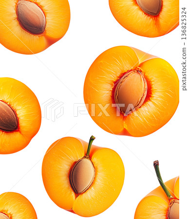 Juicy whole and halved apricots with green leaves and water droplets, on white background, concept of freshness and healthy eating Juicy whole and halved apricots with green leaves and water droplets, on white background, concept of freshness and healthy eating 136825324