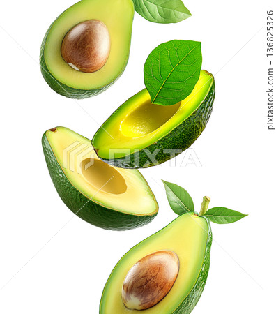 Whole and halved ripe avocados with green leaves, isolated on white background. Concept of fresh organic tropical fruit Whole and halved ripe avocados with green leaves, isolated on white background. Concept of fresh organic tropical fruit 136825326