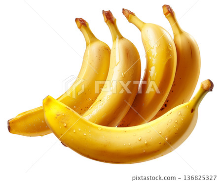 Multiple fresh yellow bananas with water droplets isolated on a white background. Concept of tropical fruit freshness Multiple fresh yellow bananas with water droplets isolated on a white background. Concept of tropical fruit freshness 136825327