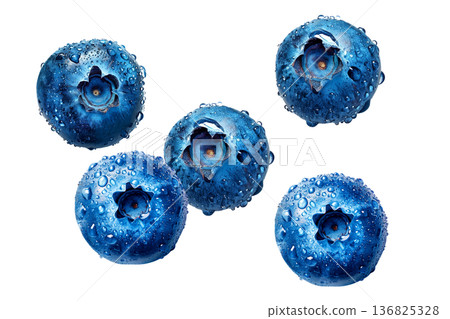 Close-up of fresh blueberries covered in water droplets, isolated on white background, concept of freshness and health 136825328