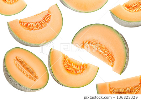 Fresh cantaloupe melon wedges with seeds displayed in a scattered seamless pattern, on white background, concept of summer fruit 136825329