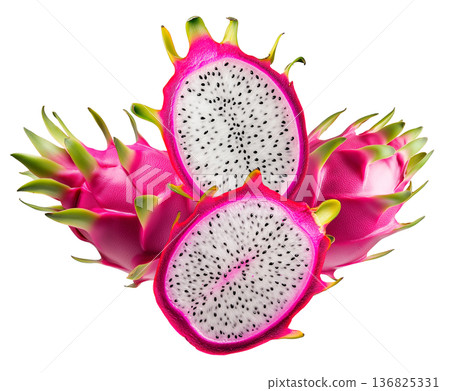 Whole and halved dragon fruits with vibrant pink skin and white flesh with seeds, on white background, concept of tropical food Whole and halved dragon fruits with vibrant pink skin and white flesh with seeds, on white background, concept of tropical food 136825331
